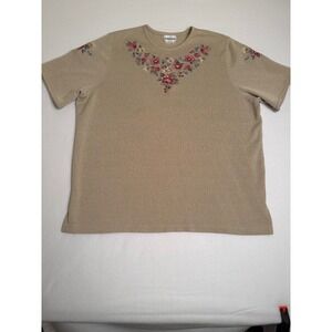 BonWorth‎ Vintage Gold Metallic Knit Floral Embroidered Short Sleeve Top XL